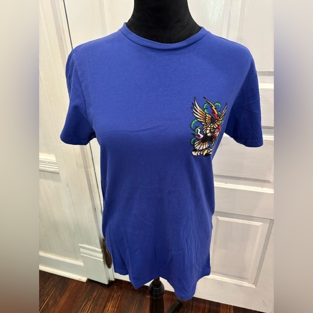 90s Ed Hardy Purple Embroidered Eagle Tattoo Back Logo Women Tshirt Sz S Vintage